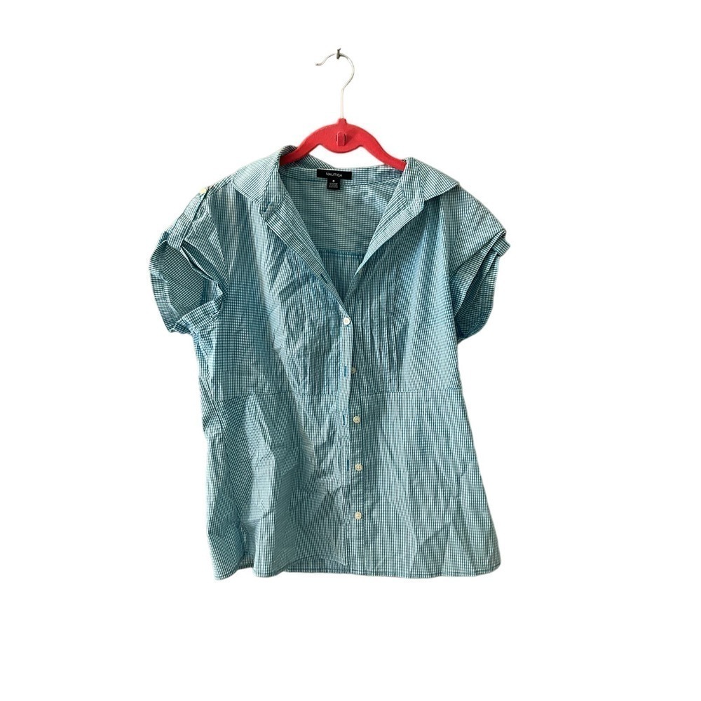 Nautica Shirt Women's 8 White Blue Checked Cotton Stretch Collared Button-Up